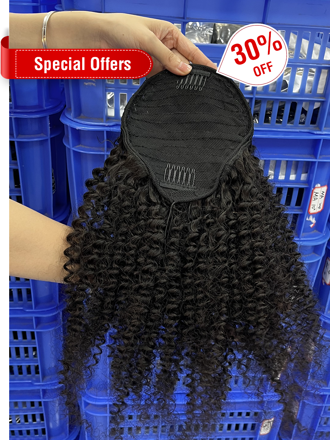 16'' Machine-Aligned Hair Natural Color Kinky Curly Drawstring Ponytail