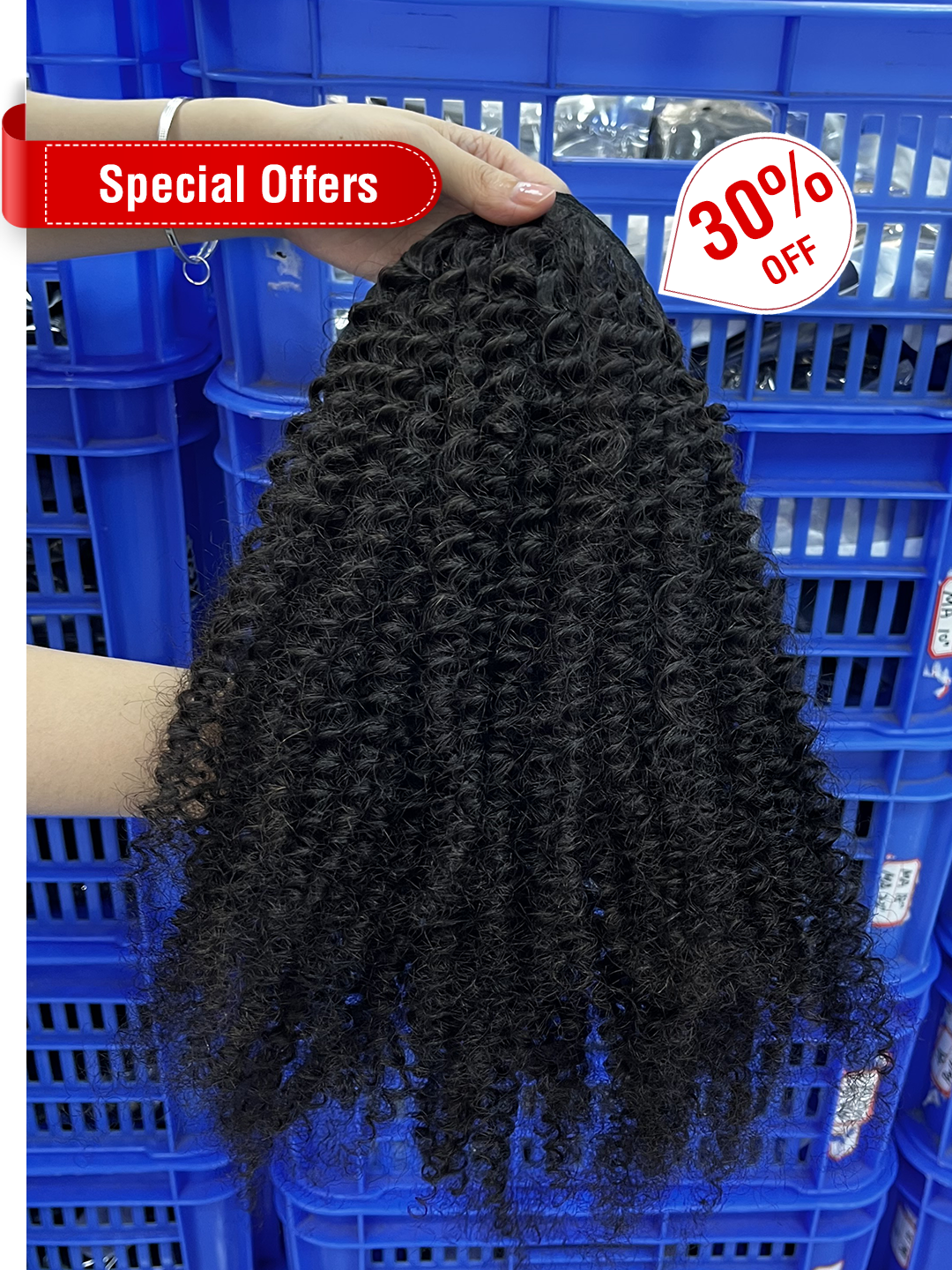 16'' Machine-Aligned Hair Natural Color Kinky Curly Drawstring Ponytail