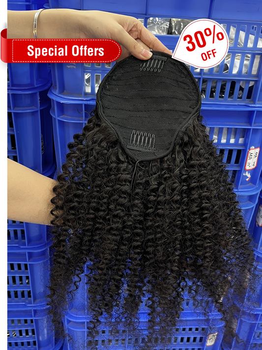 16'' Machine-Aligned Hair Natural Color Kinky Curly Drawstring Ponytail